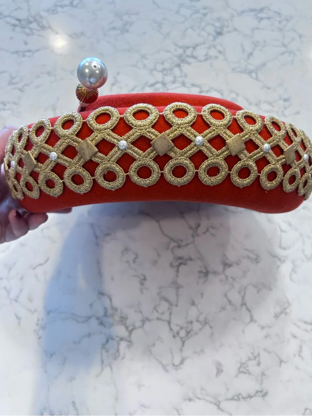 Vintage Oscar De La Renta 100% Wool Felt Orange & Gold Bumper Hat